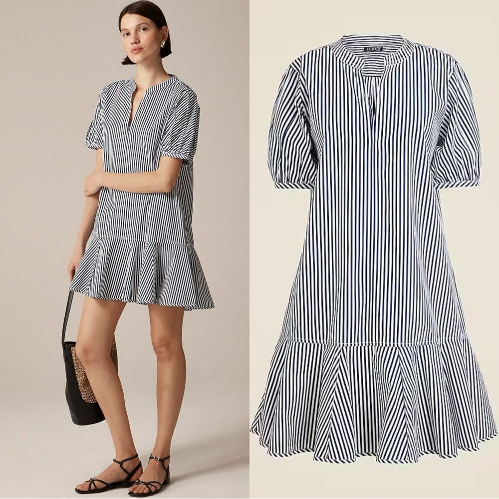 NWT J CREW Delilah dress in striped cotton poplin in “Dark Evening” blue stripe - Picture 1 of 7